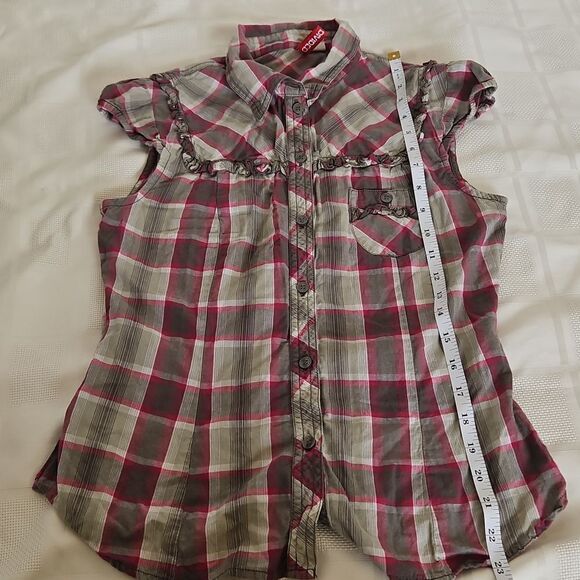 H&M Cotton Button-Down Short Sleeves Ruffled Shirt Hot Pink & Military Green 8 - Picture 10 of 16